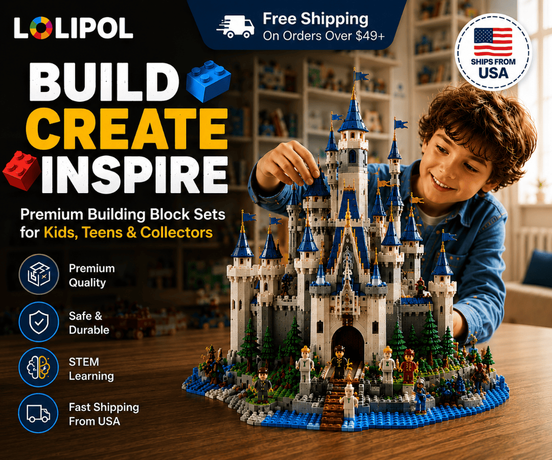 Child building a castle with Lopol building blocks, featuring text about product features and promotions.