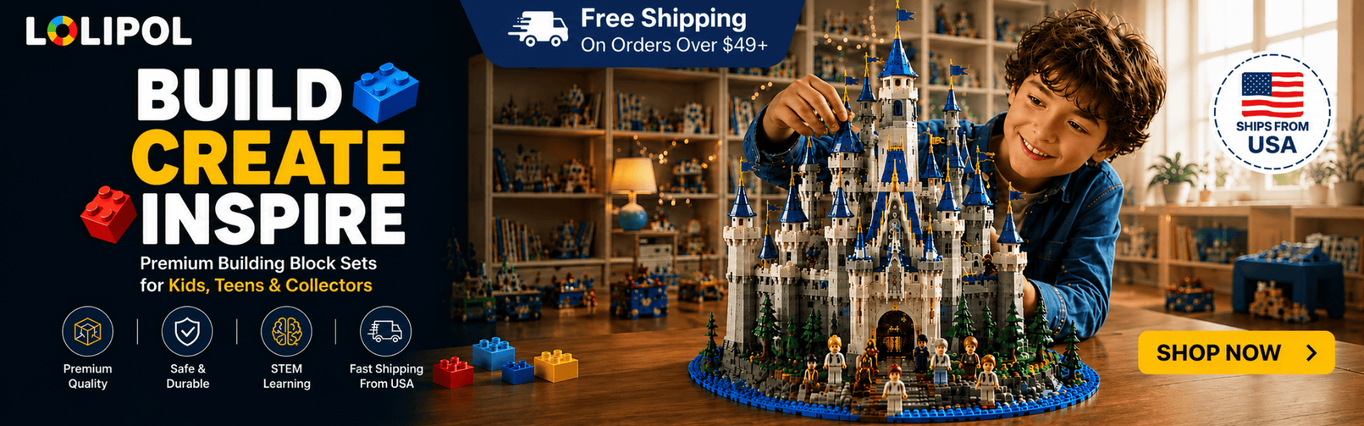 Child building a castle with building blocks, surrounded by LOLIPOP branding and product details.