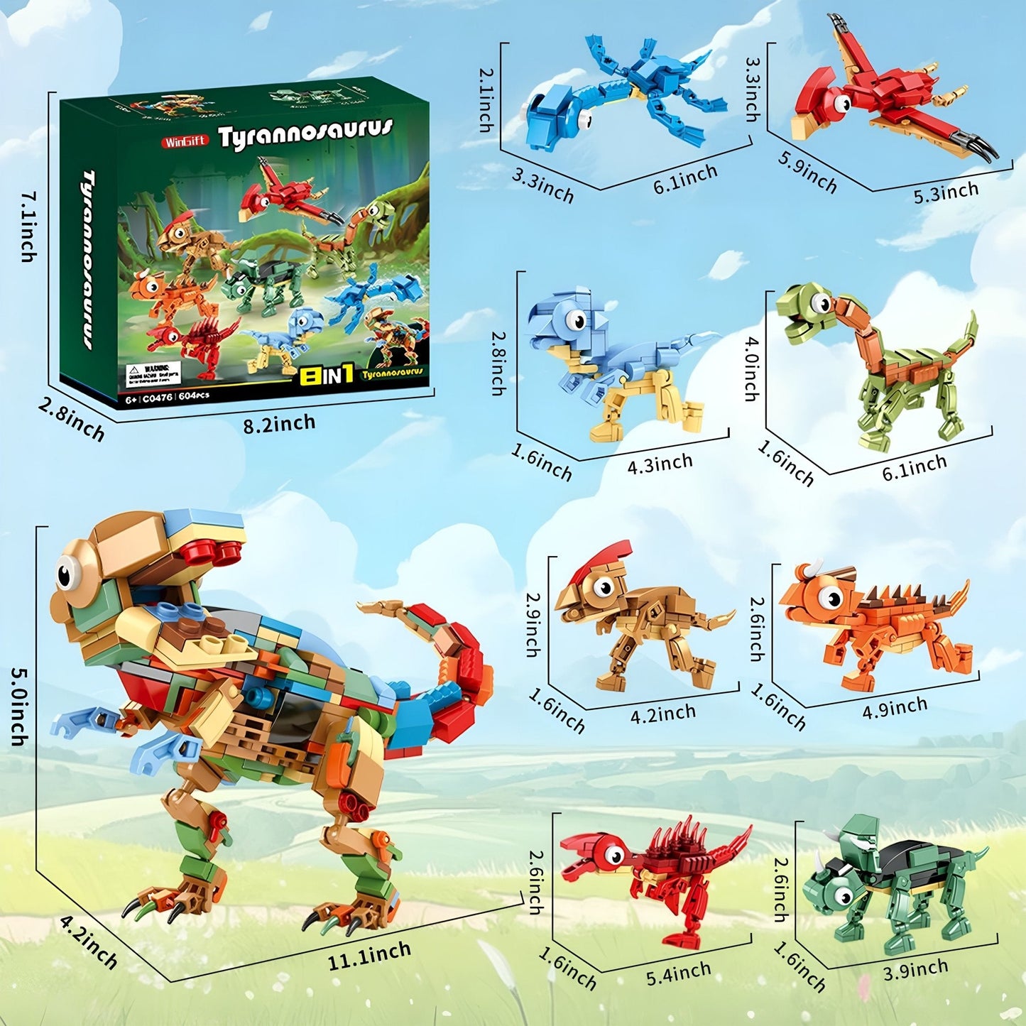 8 - in - 1 Dinosaur Set – 604 PCS STEM Building Kit for Kids - STEM Building Toy by LULEGO