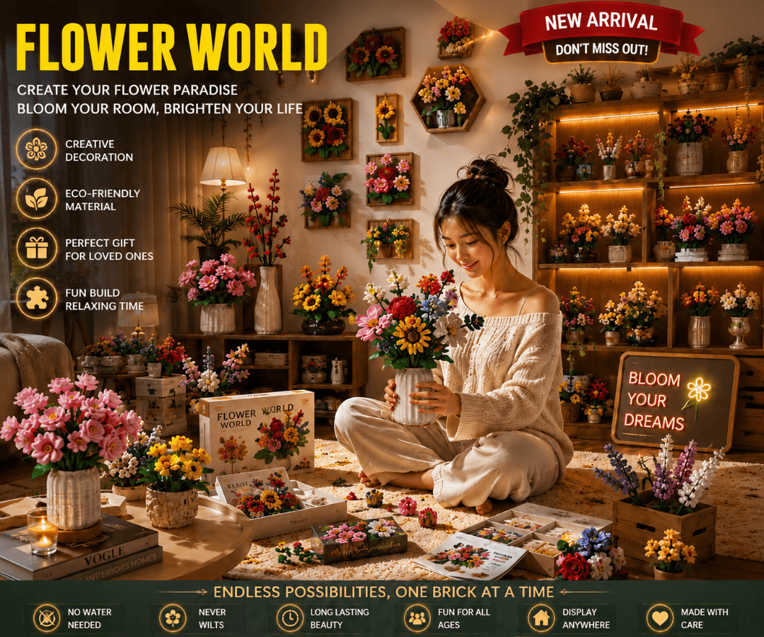 Woman arranging flowers in a store with promotional text for 'Flower World'.