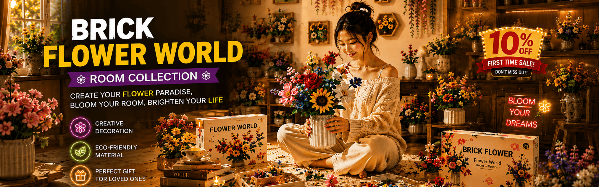 Promotional banner for 'Brick Flower World' with a woman arranging flowers in a room filled with floral decorations.