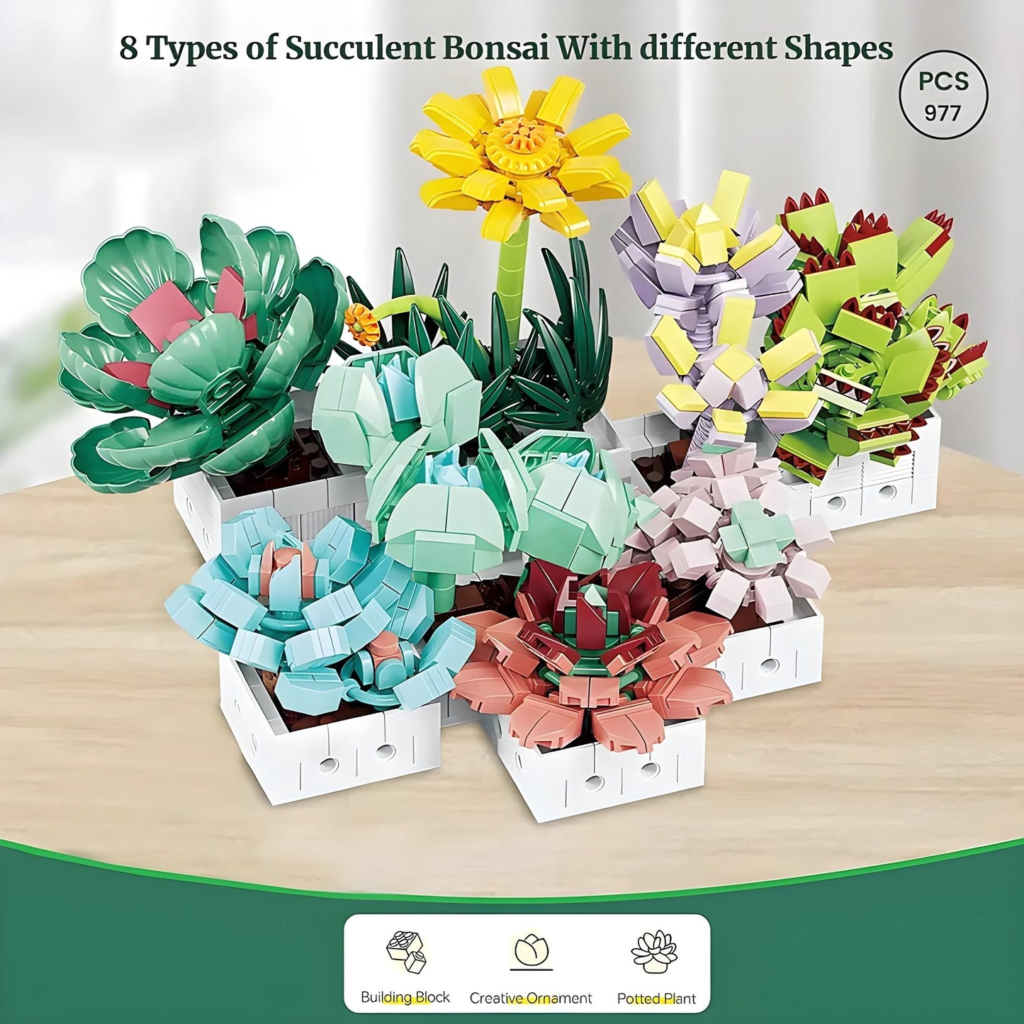 Mini Succulent Set – 977 PCS 8 DIY Brick Plants for Decor STEM building block toy by LOLIPOL