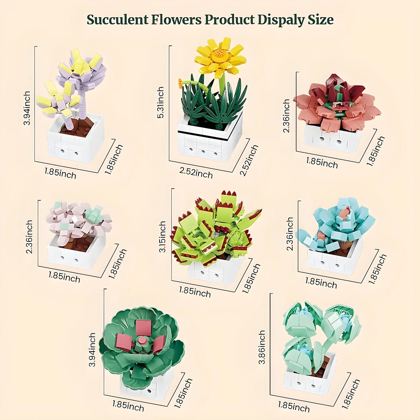 Mini Succulent Set – 977 PCS 8 DIY Brick Plants for Decor STEM building block toy by LOLIPOL